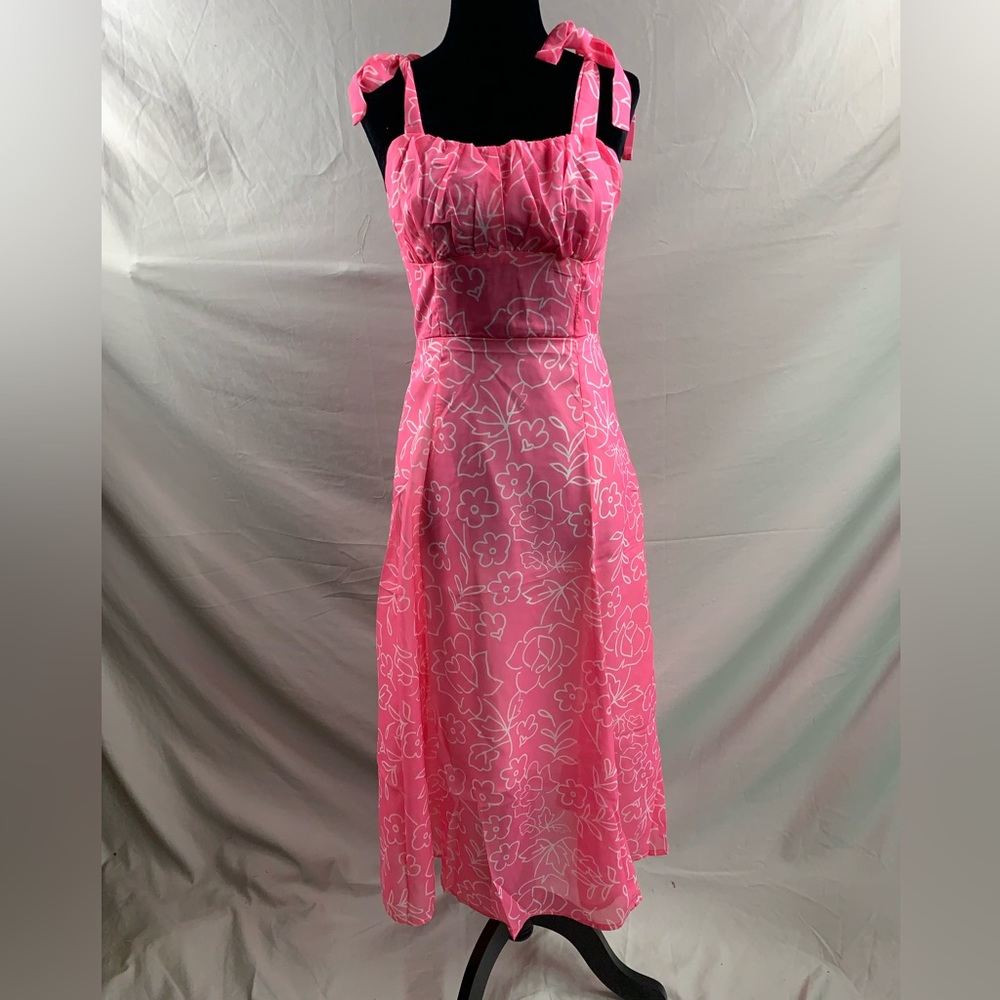 Last One 🔥 Pink Chiffon Floral Print Tie Shoulder Ruched Bust Cami Dress - Picture 7 of 8